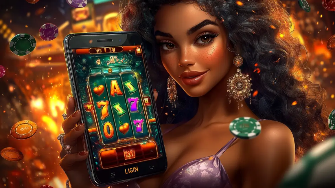 A glamorous woman with curly hair holds a smartphone showing a vibrant slot game, with dice and chips floating around, inviting you to play exciting mobile casino games at GDEVO.