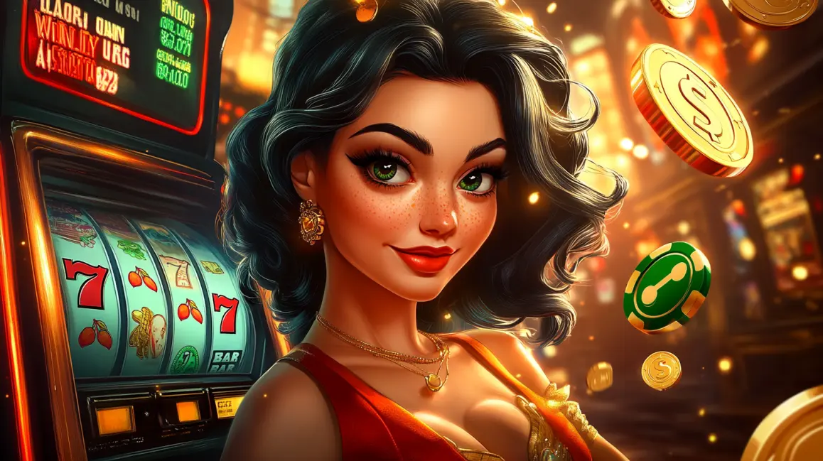 A woman with curly hair holds a phone showing a classic fruit slot, blending a retro vibe with modern mobile gaming convenience, all available on the GDEVO app.