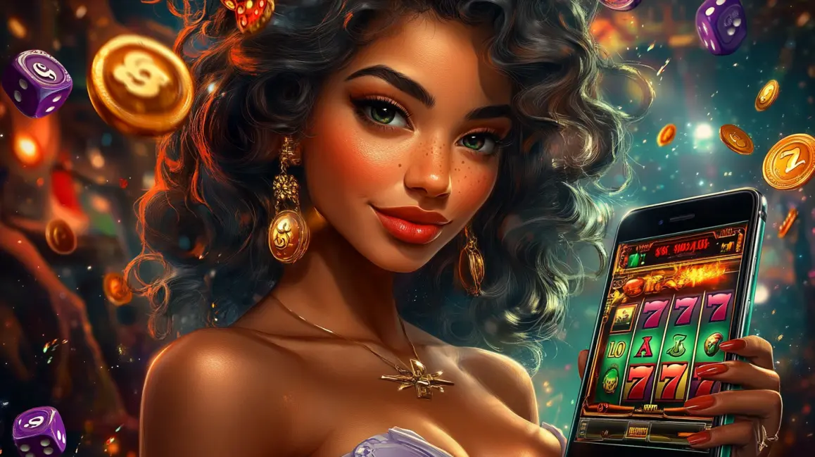 A beautiful woman with glowing red hair is surrounded by a shower of gold coins in the vibrant GDEVO casino, where magical wins and exciting jackpots are always possible.