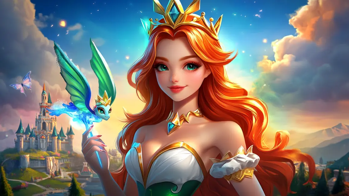 A woman holds a phone showing a candy-themed slot game, surrounded by a cosmic swirl of sweets, inviting you to a universe of delicious wins at GDEVO.