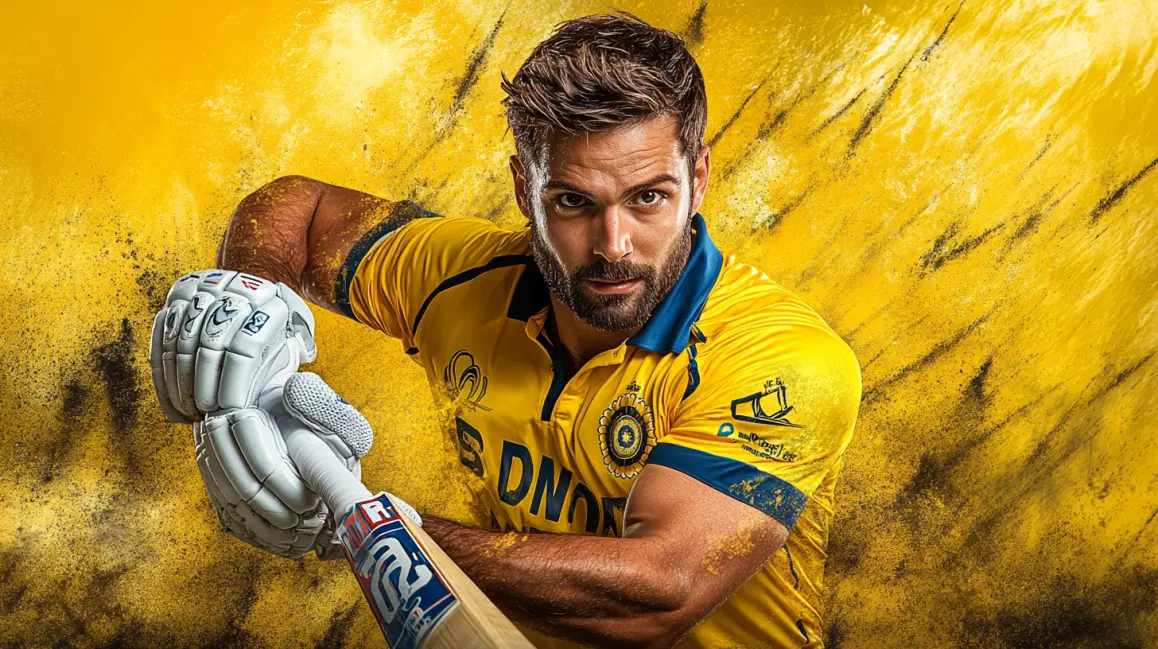A handsome cricket player in a tropical setting represents the international cricket matches from around the world that you can bet on with the GDEVO sports app.