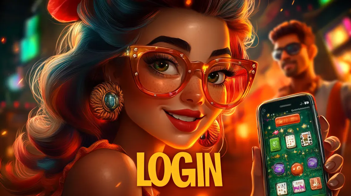 A stylish woman with blue hair and sunglasses holds a phone with a 'LOGIN' button, inviting you to sign in to your GDEVO account for a fun and rewarding tropical gaming session.