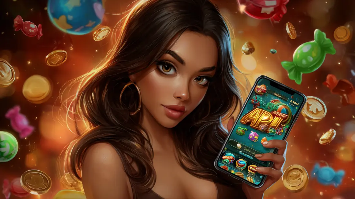 A stylish woman holds a phone with a fun slot game, with the word 'APP' in large letters, inviting you to download the GDEVO app for a vibrant gaming experience.